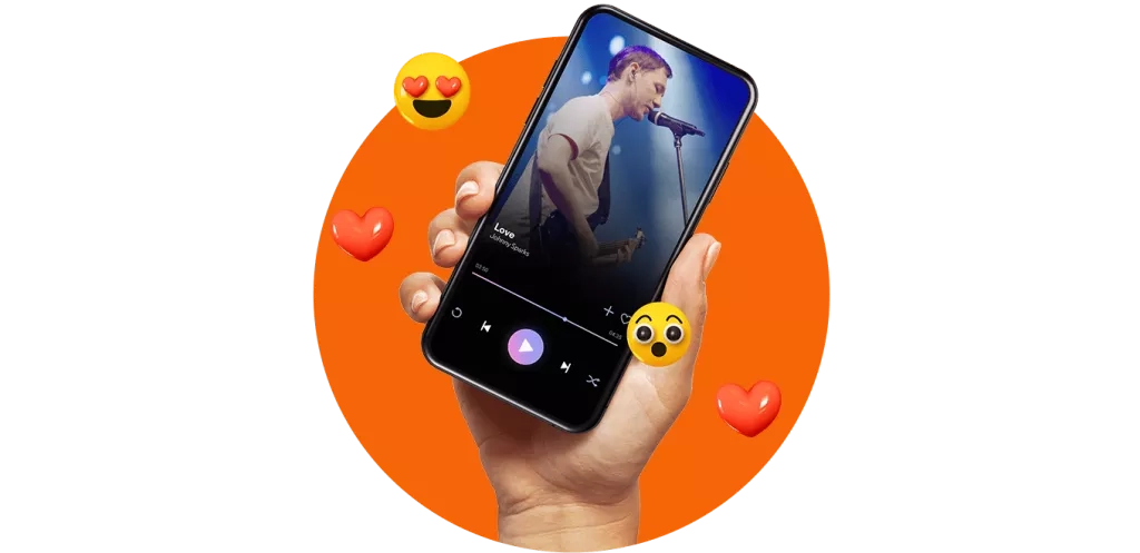 A hand holding up a mobile phone showing a video of a concert. Emojis surround the phone.